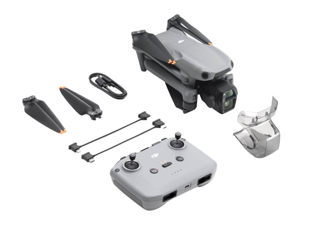 Die DJI Air 3 S in der alleinstehenden Version mit dem DJI RC-N3 Controller. Es handelt sich um ein PNG Bild wo der Hintergrund nicht zu sehen ist, sondern nur alle Teile dieser Version.