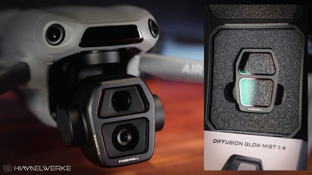 Das Kameramodul der DJI Air 3S auf der linken Seite in einer Nahaufnahme. Man sieht an der Kamera den FREEWELL DIFFUSION GLOW MIST 1/4 Filter angebracht. Auf der rechten Seite des Bildes sieht man eine Nahaufnahme des Filters in seiner Originalverpackung.