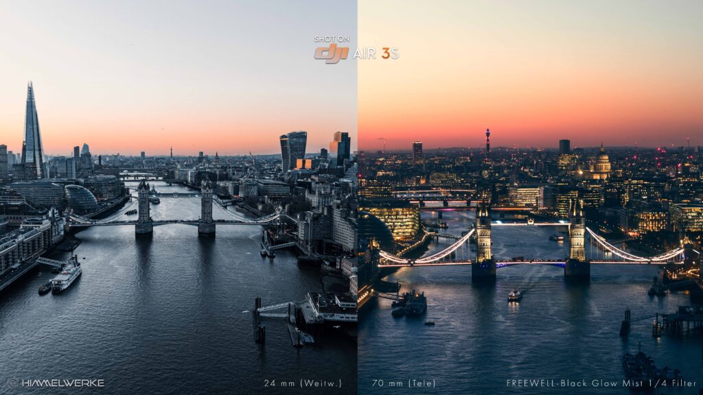 Ein Kameravergleichsbild der zwei Kameras der DJI Air 3S. Auf der linken Seite von dem Weitwinkelobjektiv mit 24 mm und auf der rechten Seite von dem Teleobjektiv mit 70 mm. Beide Bilder zeigen eine Luftaufnahme der Tower Bridge in London in Abend/Nachtstimmung.