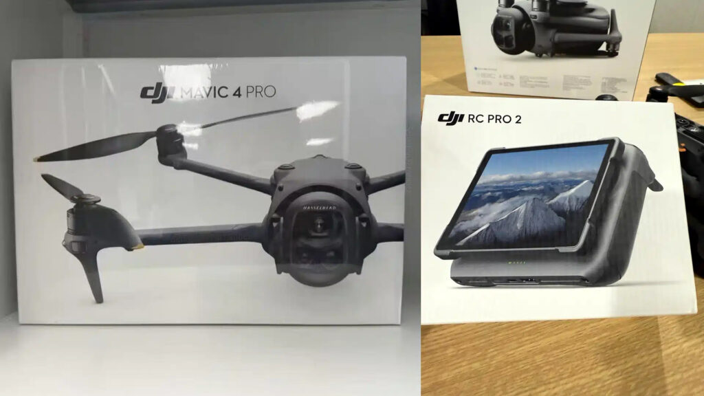 Geleakte Verpackungen zeigen erstmals das finale Design der DJI Mavic 4 Pro (linke Bildhälfte) und RC Pro 2 (rechte Bildhälfte)