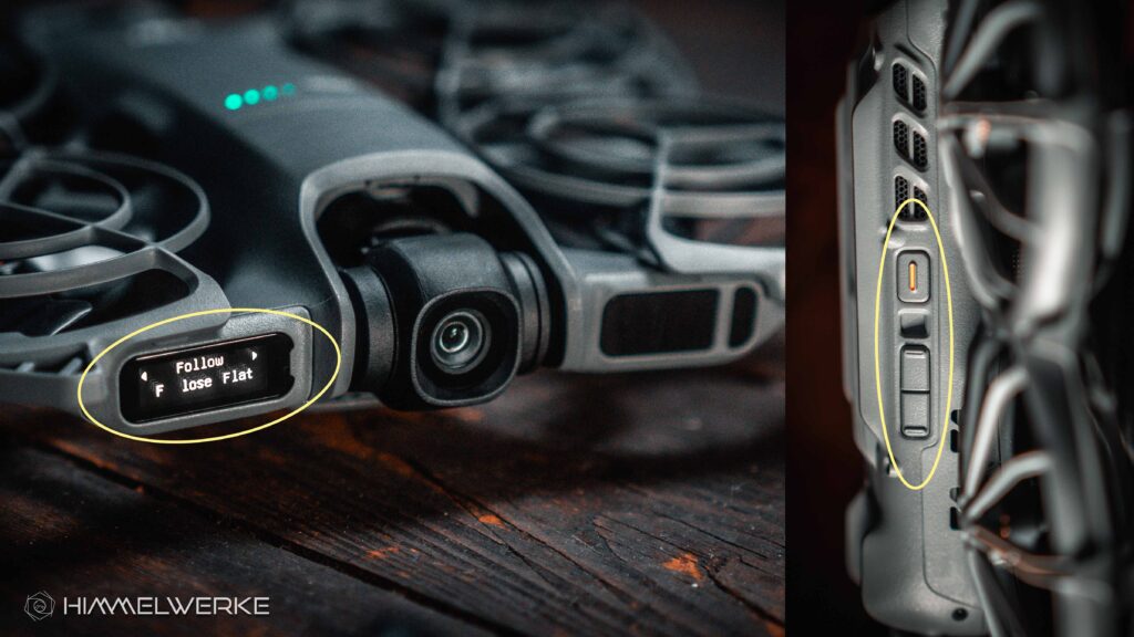 Ein Himmelwerke Bild zum DJI Neo 2 Test. Die DJI Neo 2 in einem zweigeteilten Bild. Das Bedienfeld der Neo 2 nun seitlich (rechts umrandet) + Neues Display in der Front (links umrandet) Die Neo 2 befindet sich eingeschaltet auf einem alten Holzboden