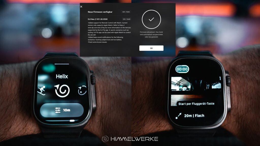 Ein Himmelwerke Bild zum DJI Neo 2 Test. Ein zweigeteiltes Bild wo jedes mal die DJI FLY APP auf einer Apple Watsch Ultra zu erkennen ist. Die Apple Watch ist an einem Handgelenk befestigt und zeigt einmal den Flugmodus Helix mit den Einstellungen 10 m und einmal ein Live-Bild der Neo 2 Kamera auf der Apple Watch. Im unteren Feld steht Start per Fluggerät-Taste und darunter die Einstellungen vom Dronie Flugmodus mit 20 m / Flach. Im mittleren oberen Feld des Bildes sieht man noch einen Screenshot der DJI Fly App wo das aktuelle Firmwareupdate mit 100 Prozent abgeschlossen angezeigt wird